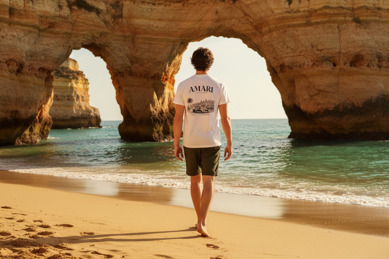Male model in AMARI ORIGINALS Monaco tee walking towards Mediterranean beach